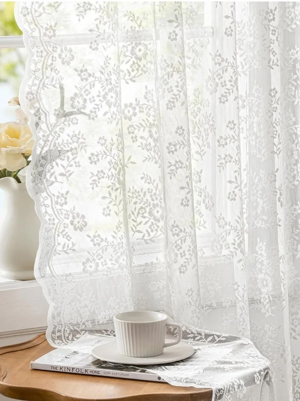 Sheer Floral Lace Curtain Panel in White Set Of 2 Panels 52Wx63L